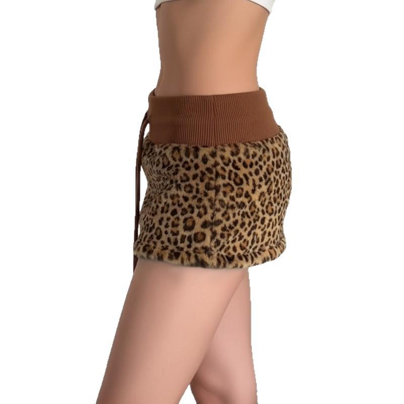 Y2K Leopard Patchwork Lace-Up Mini Skirt with Waistband