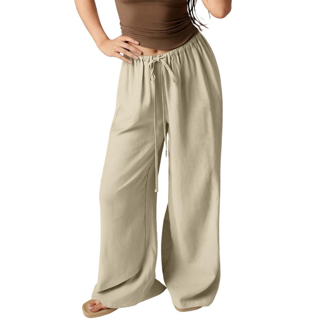 Women's Loose Wide-Leg Pants Casual Loose Cotton Linen Pants With Drawstring No Pocket