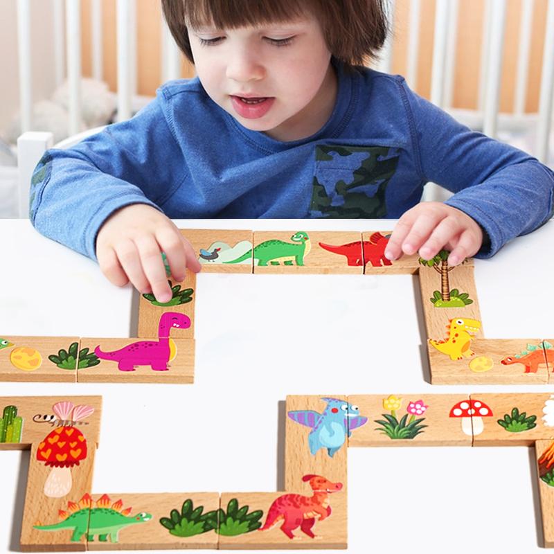 Wooden Jigsaw Puzzle Dinosaur Solitaire Game for Kids Cartoon Montessori Toy for Early Education Hand Scratch Board Domino Toys