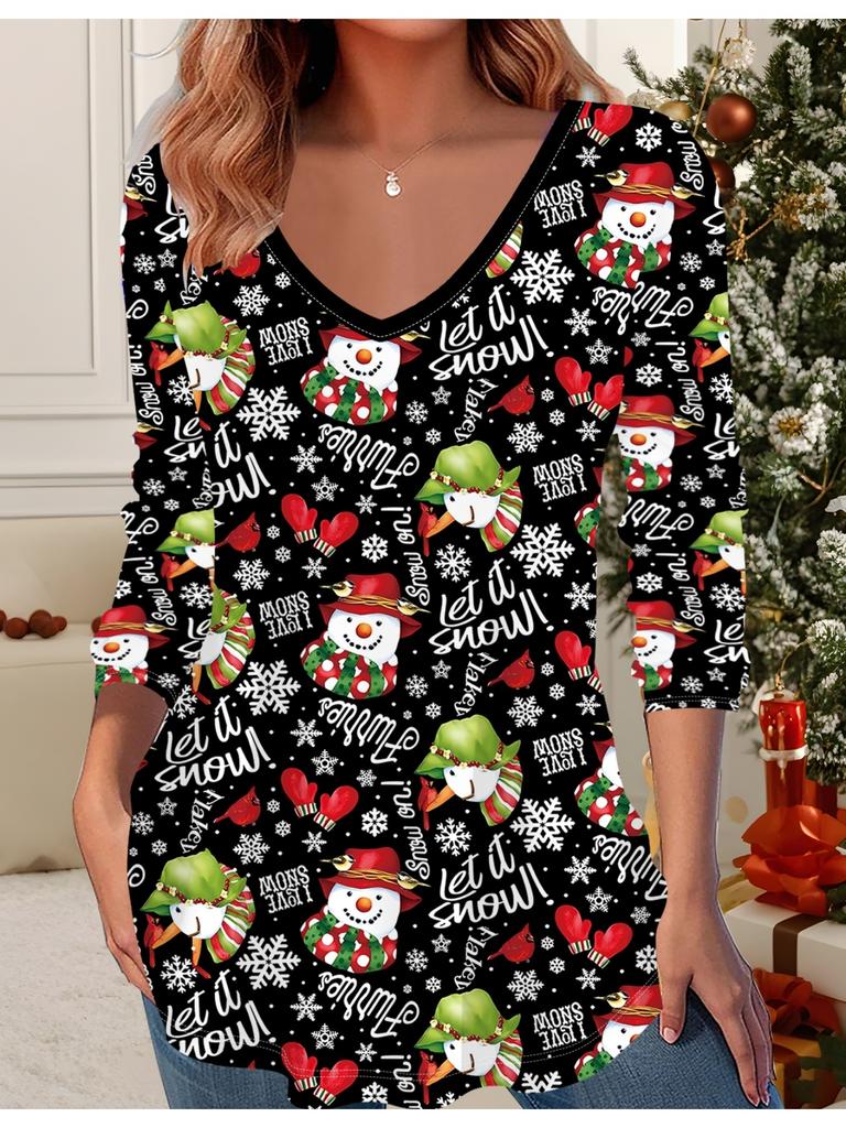 Modny, casualowy damski T-shirt z nadrukiem 3D świątecznym, z dekoltem w serek i długim rękawem - Ubranie na imprezę noworoczną, prezent świąteczny