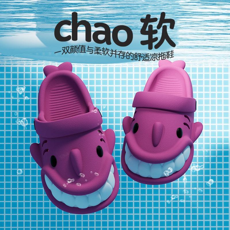 Children's Hole Shoes Summer Boys Cartoon Shark Household Indoor Soft Sole Parent-child Family of Three Outdoor Beach Drag