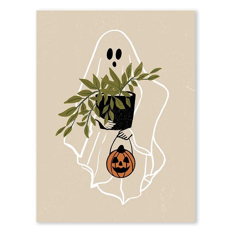 Funny Ghost Tooth Skull Ghost Wall Art Canvas Painting Autumn Halloween Pumpkin Decoration Posters Living Room Aesthetic Decor