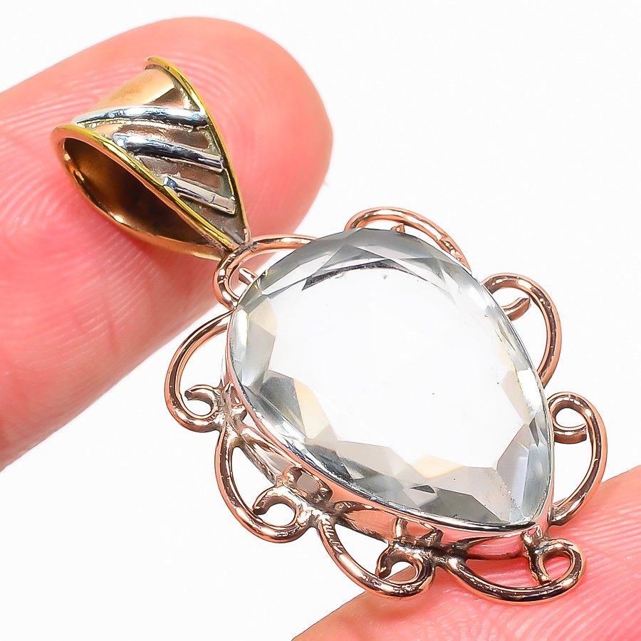 Natural Crystal Quartz Two Tone 925 Solid Sterling Silver Pendant 1.50" N6k70