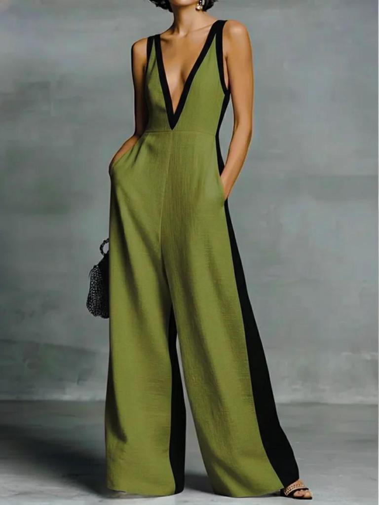 2026 Summer Women's V-neck Sleeveless Color Block Strappy Wide-leg Jumpsuit