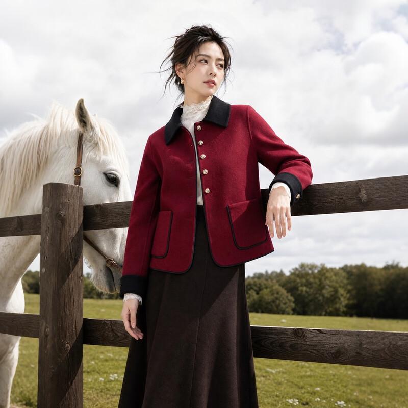 Qianbainian Women's Wool-Blend Color-Block Lapel Double-Faced Coat