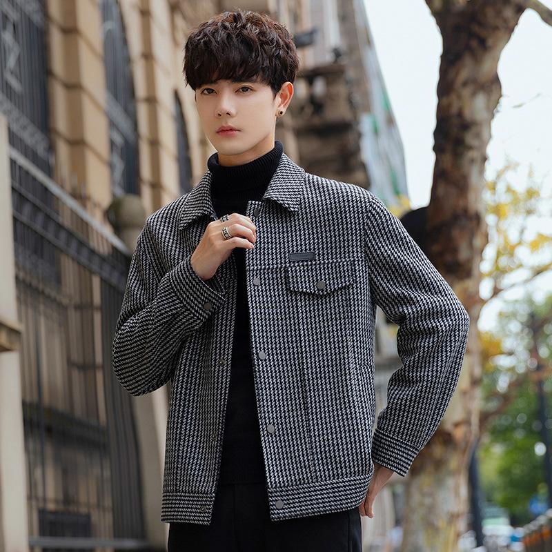 Karojacke mit Tausend-Vögel-Motiv, Herren-Wolljacke für Frühling und Herbst, kurzes, lässiges Herrenoberteil