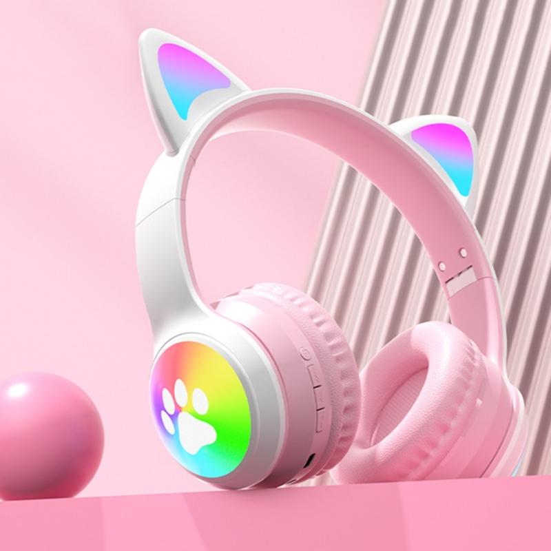 Active Noise Cancelling Wireless Bluetooth-compatible Cats  Ear Headphones Led Foldable Earphones TF Card Support