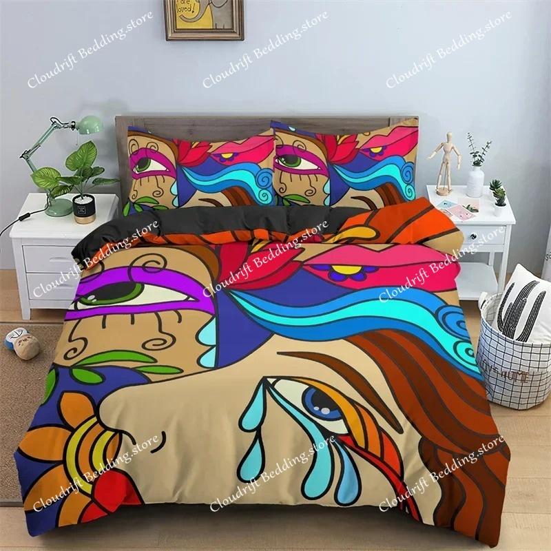 Abstract Human Face Duvet Cover Twin Full King Double Microfiber Mystic Artwork Comforter Cover Psychedelic Graffiti Bedding Set
