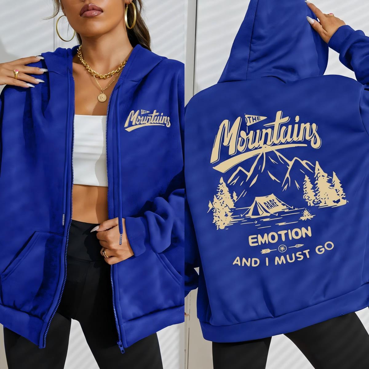 

Mountains Go Camping Emotion Print Zipper Hoodies Womens Fleece Hoodie Autumn Loose Hoody Casual Oversize Clothes S