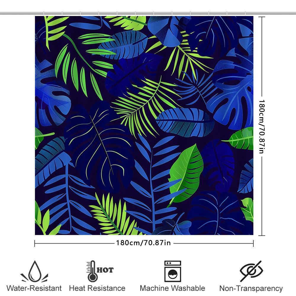 Tropical Leaves Shower Curtain Fabric Waterproof Bath Decor With Black Blue Green Colors 72X84 Inches (180Cm X 213Cm)