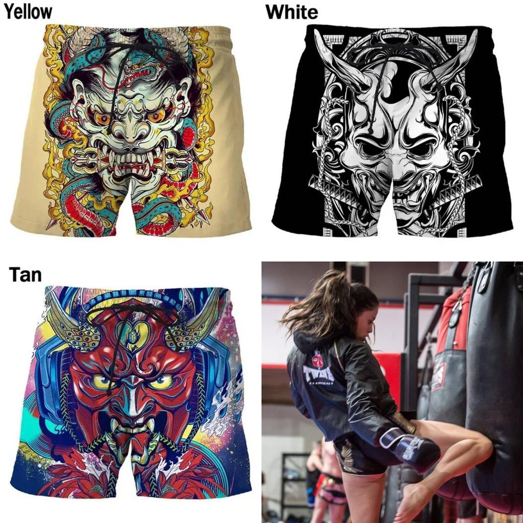 RETRO Vintage Japanese Samurai Mask Ghost Boxing Muay Thai Kickboxing Shorts 3D Print Training Unisex Men Women Quick Dry Fitness Gym Sport Workout