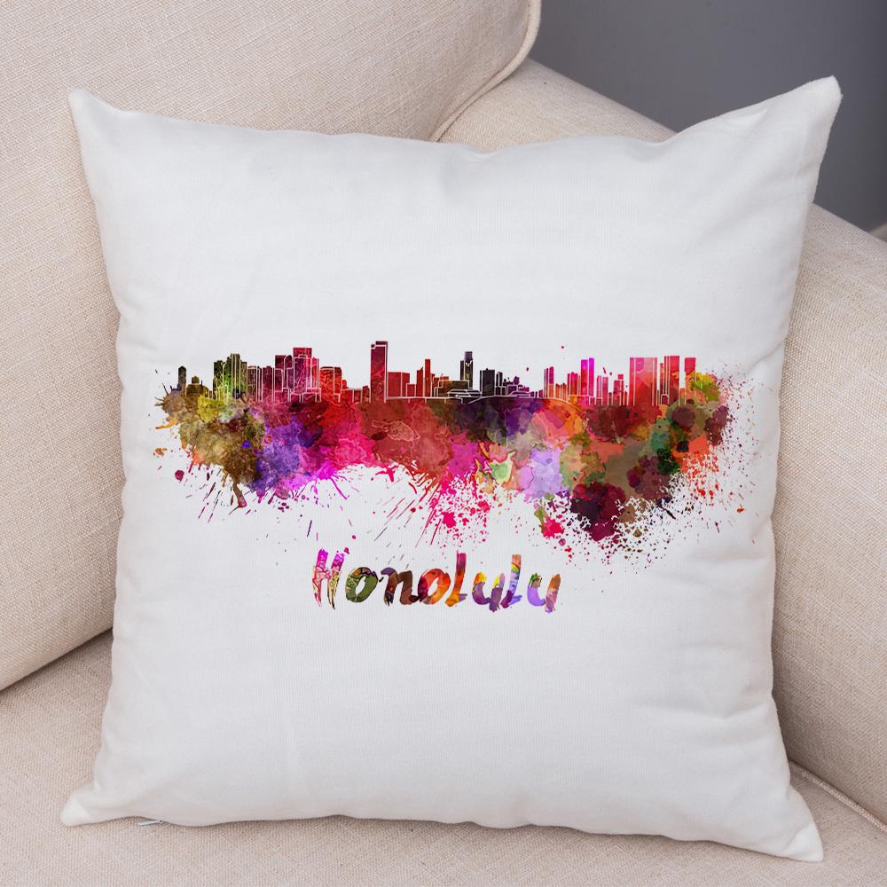 Watercolor City Skyline Cushion Cover Global Landmarks Art Print Soft Linen Living Room Bedroom Home Decor Pillow Case
