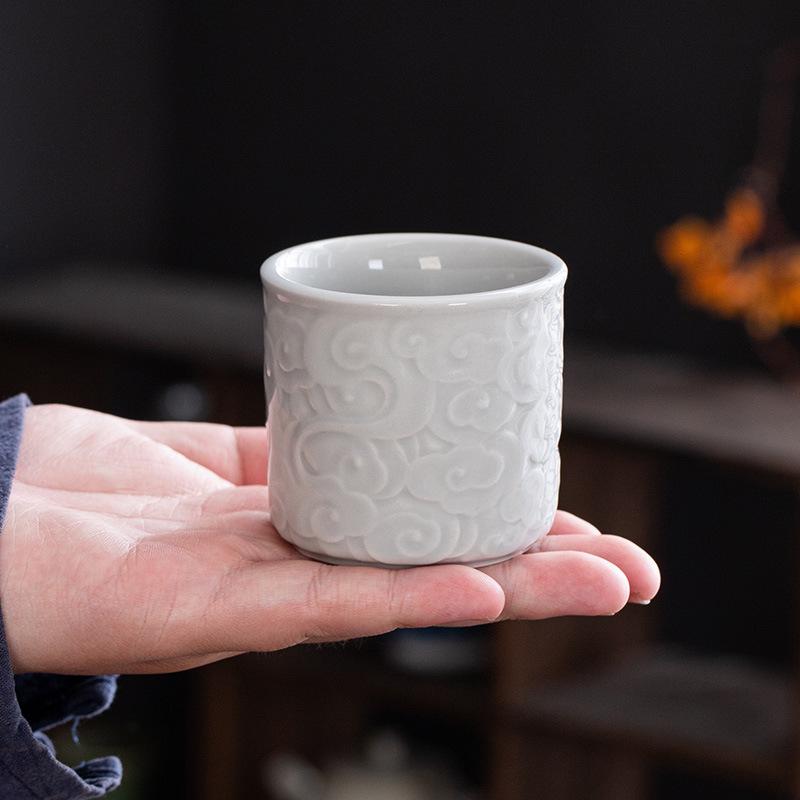 Celadon Auspicious Clouds Large Gongfu Tea Tasting Thumb Ring Cup