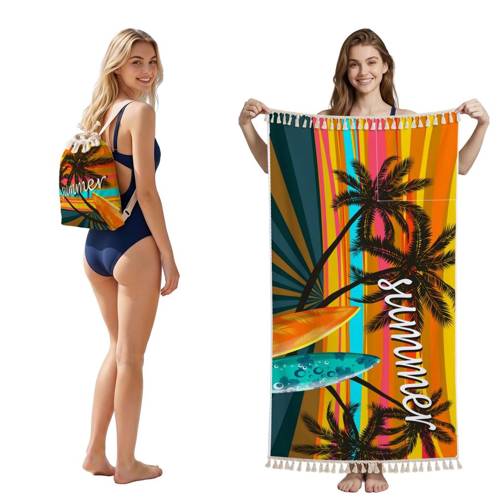 2 in 1 Microfiber Quick Dry Beach Towel Bag Convertible Foldable Printed Bath Towel Backpack