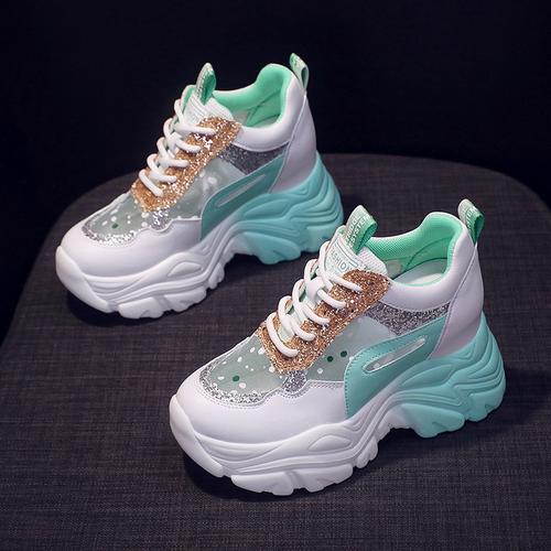 

мода Спортивные туфли для папы Весенние женские массивные кроссовки из дышащей сетки Повседневная обувь 9 см танкетка Туфли на платформе Chaussures Femme 40 синий