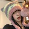 Plush Fluffy Cat Ear Knitted Hat Women Winter Thicken Keep Warm Cute Hair Ball Stripe Ear Protection Beanies Hats Pullover Cap