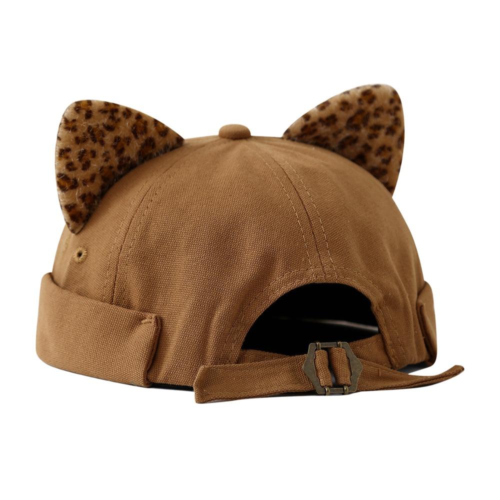 Leopard Print Cat Ears Brimless Hat Rolled Cuff Cat-eared Hat Hip Hop Retro Skullcap  Unisex Leopard Khaki