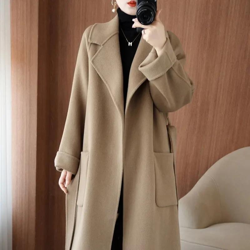 Wool Coat Women's Wear Autumn/Winter Temperament Double Sided Cashmere Coats with Belt Elegant Long Overcoat