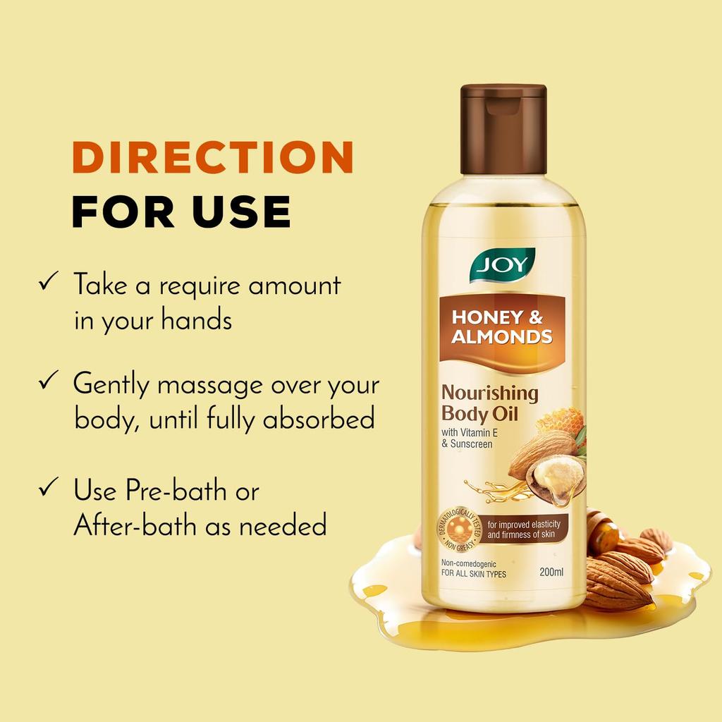 Joy Honey & Almonds Body Oil 200 ml Pack of 1 – Daily Massage Oil for Full-Body Moisture & Summer Skin Relaxation
