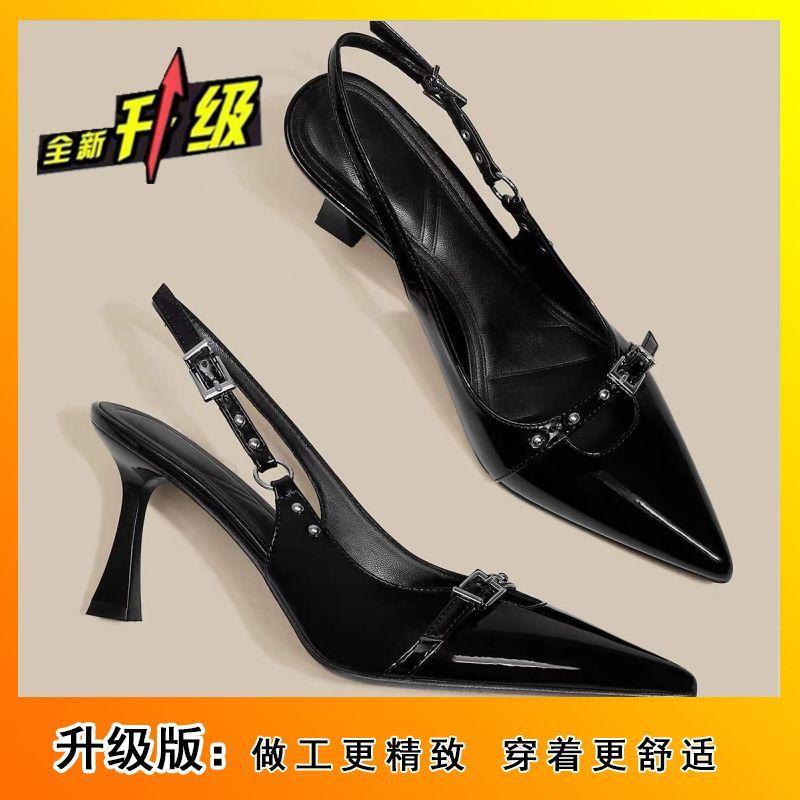 Niche fashion design sense one-word buckle bag head single shoes rear tripple rivets black high heels summer and autumn new models