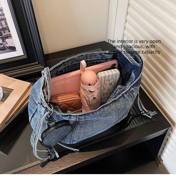 Vintage drawstring denim bucket bag women's shoulder messenger bag