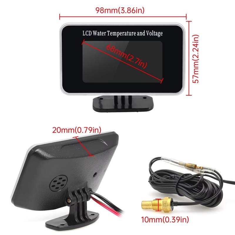 HD LCD 2 in 1 Car Water Temperature Gauge Voltmeter Waterproof 10mm Sensor 12V 24V for Car Truck SUV RV with Alarm Function