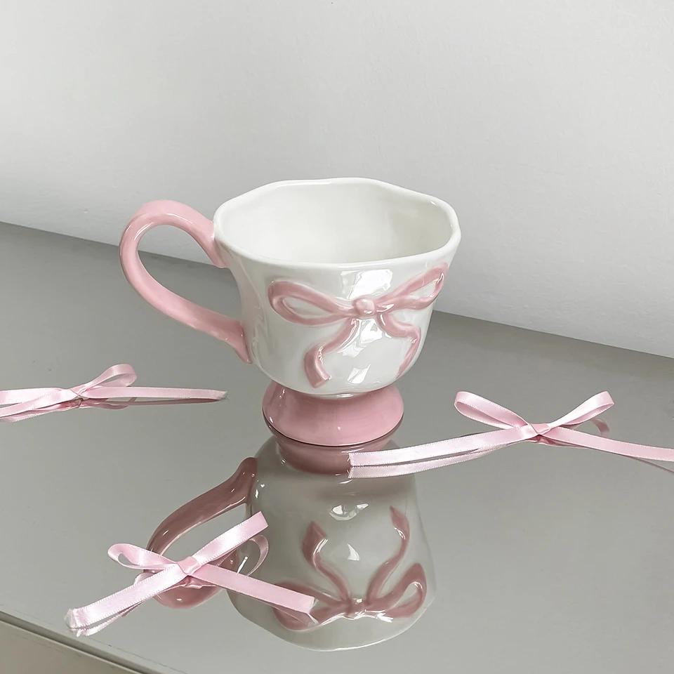 1Pc 350ml Ceramic Embossed Bow Mug Hand-Pinched Pattern Simple Morandi Color Tall Design for Coffee Oatmeal Yogurt-Holiday Gift