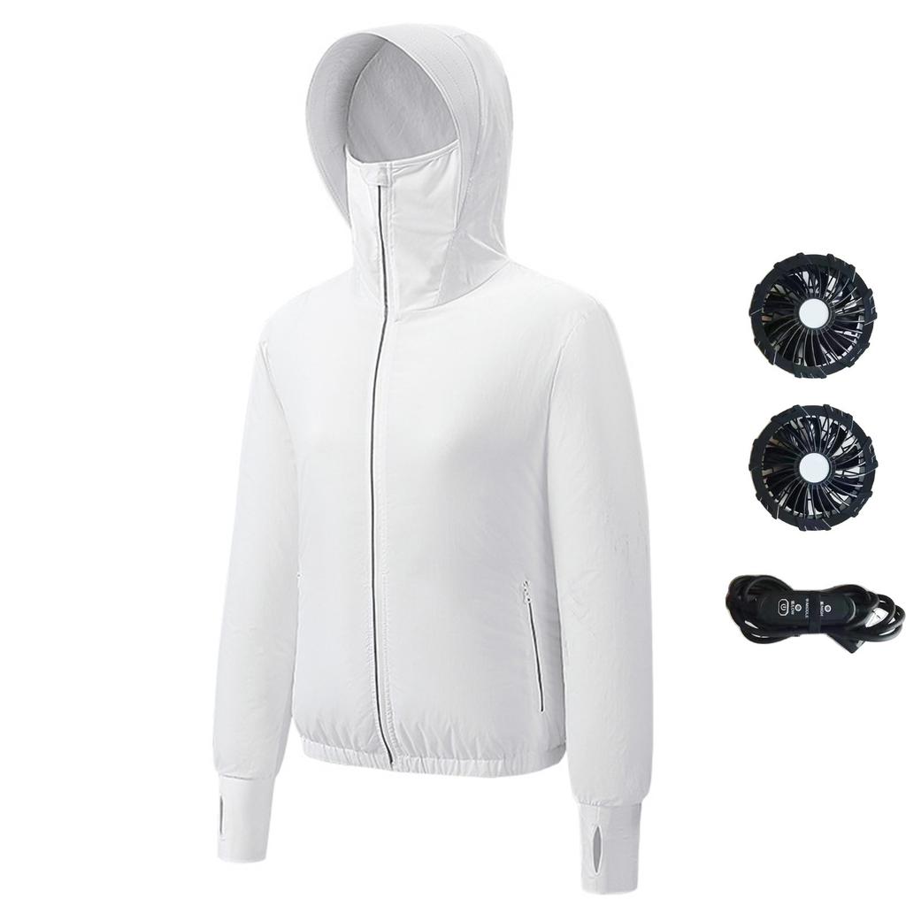 Women's Summer Fan Jacket (Including A Set Of 9-blade Brushless 5V Fans) Long Sleeved Hooded Zipper Heatstroke Proof Solid Color Work Clothes