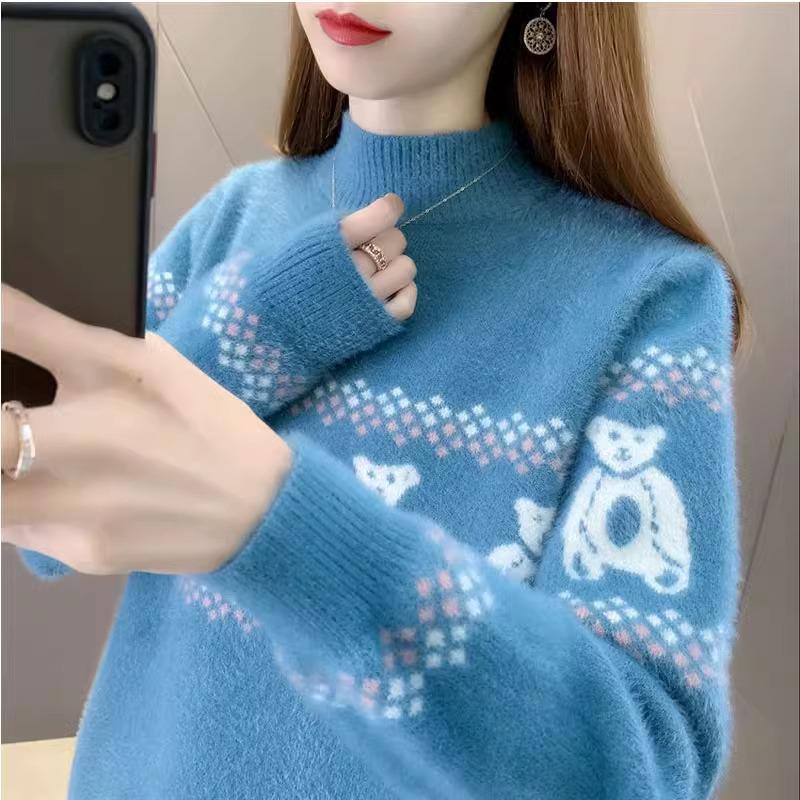 Damen Pullover aus Nerz-Fleece - Herbst/Winter 2025, Dick, Locker, Halboher Kragen, Gestrickt, Modisches Kurzes Oberteil