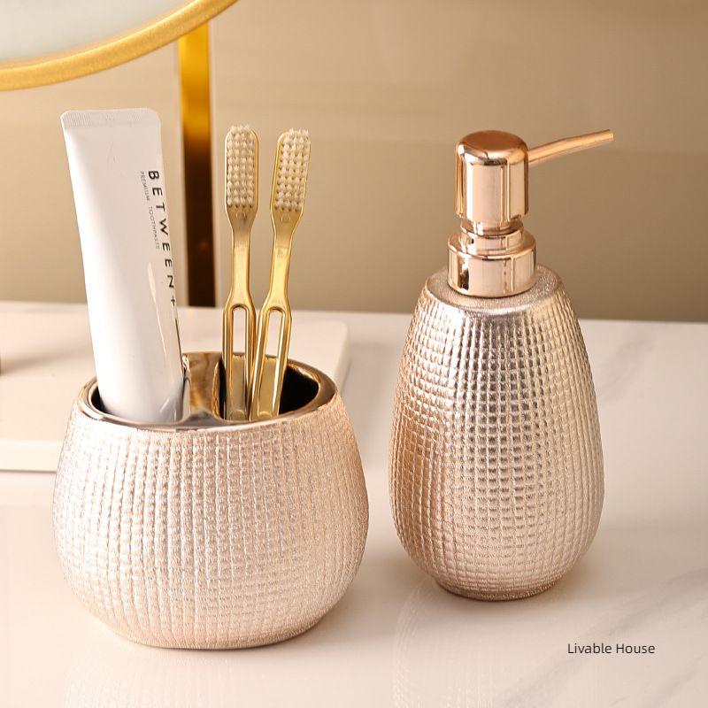 Rose Gold Ceramic Wash Bathroom Accessories Set Hotel Bathroom Wash Soap Set Dish Lotion Bottle Mouth Wash Cup Toothbrush Holder