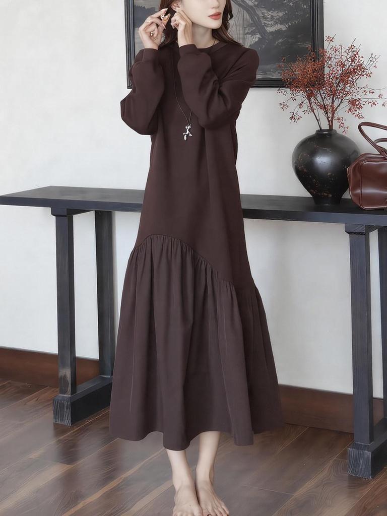 Autumn/Winter Solid Color Women's Slimming Long Sleeve Patchwork Dress, Long Skirt, Elegant and Relaxed Style