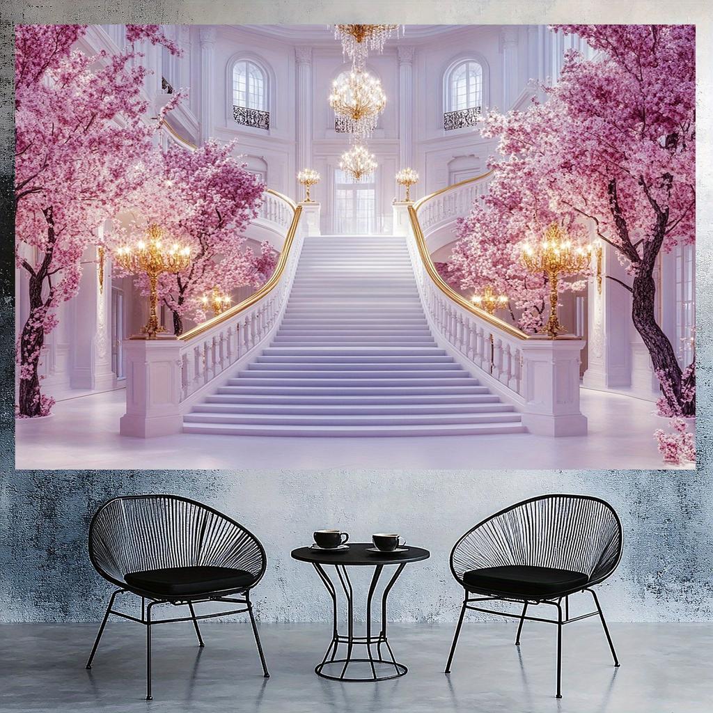 An Elegant Pink Floral Wedding Background with Stone Paths and Princess Castle - Suitable for Party and Wedding Decoration
