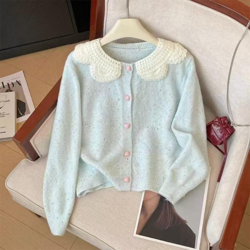

Doll Collar Women s Cardigan Solid Color Hollow Edge Sweet Ladies Knitted Sweaters Autumn Woman Fashion Trendy Outerwear onesize