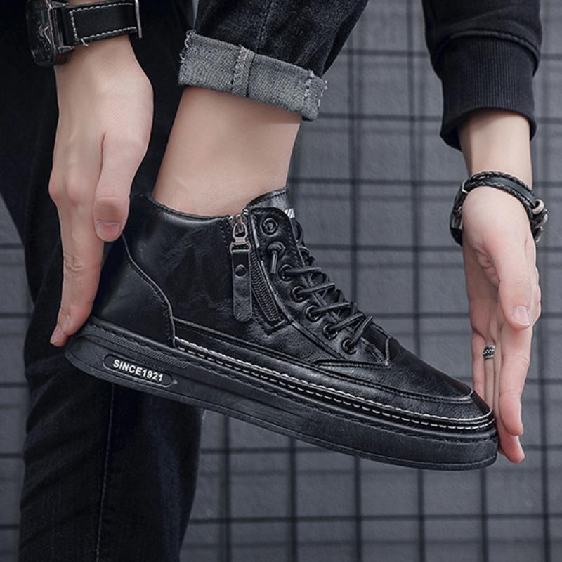 Mode Herren Leder Freizeitschuhe 2024 Frühling High Top Plateau Lederstiefel Kurz Schnürstiefel Fell Warm Stiefeletten Herren Arbeitsschuhe Botas