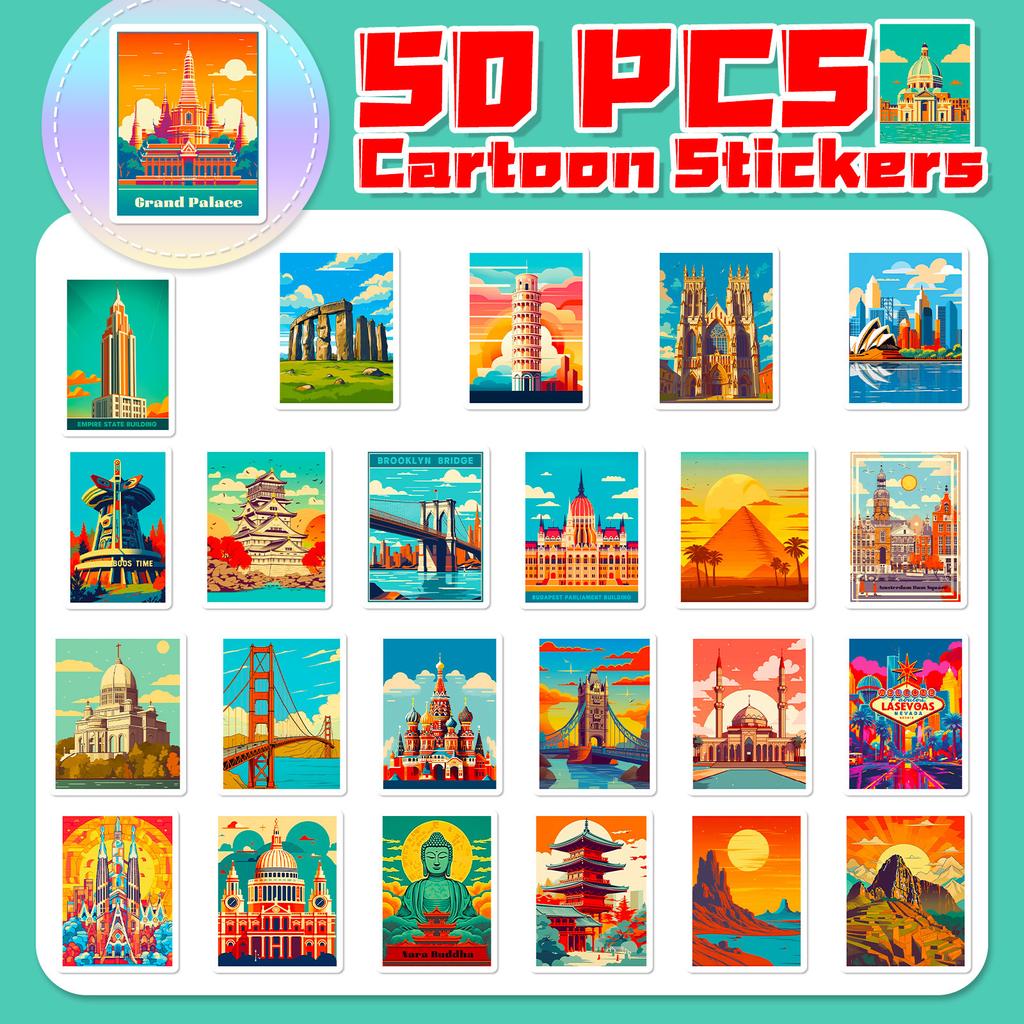 50 World Landmarks Oil Paintings Wind World Famous Architectural Signs Stickers Travel City Stickers Fever