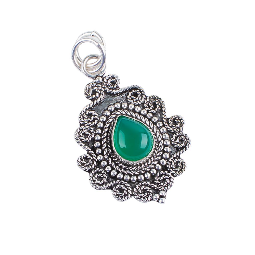 Natural Green Onyx Gemstone 925 Sterling Silver Handmade Partywear Elegant Pendant 1.55" For Love PP-25-32