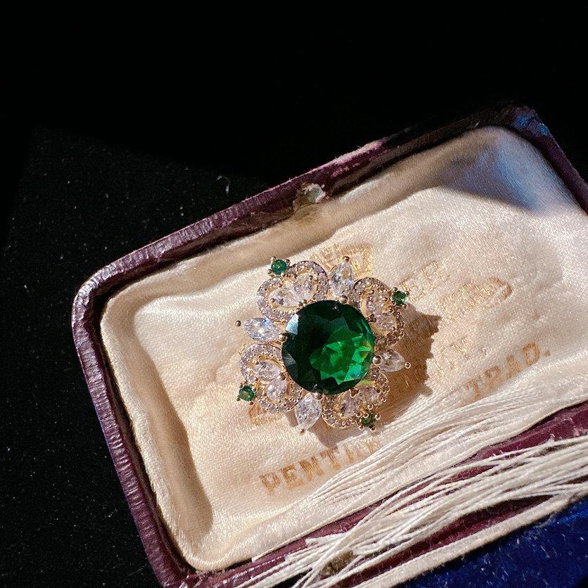 Monet Garden, Gem Flower Brooch, Palatial, 18K Gold Plated, Emerald Zircon Feather Brooch