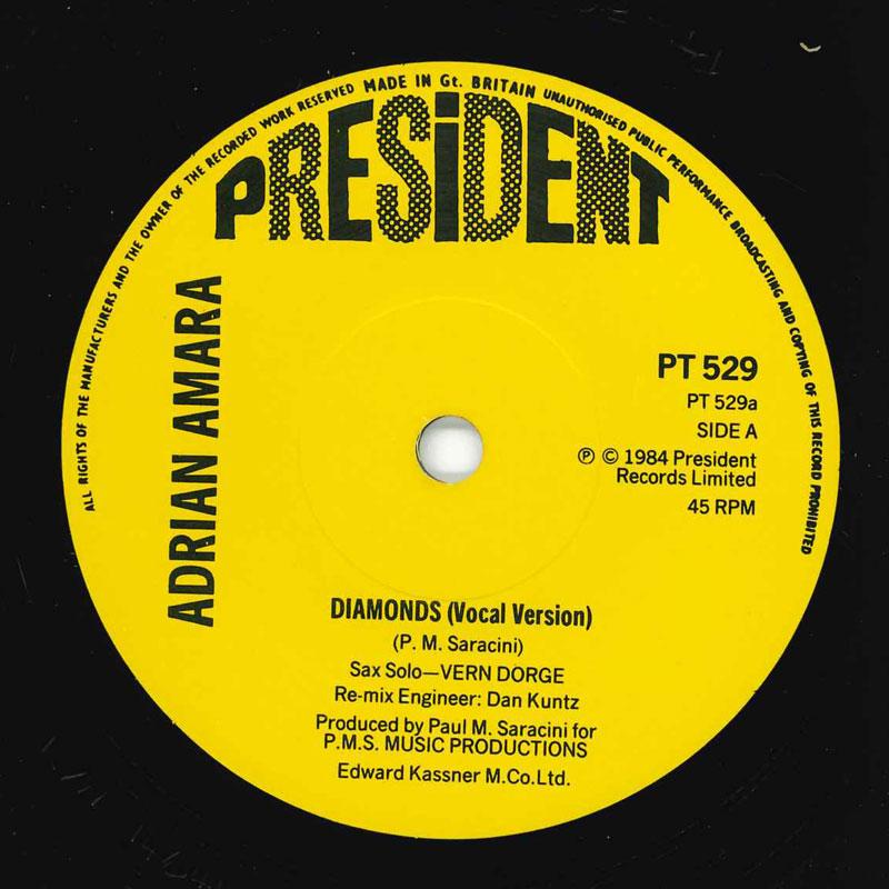 

7-дюймовая пластинка ADRIAN AMARA - Diamonds PT529 President Recor 1984 Великобритания Регги, Ска и Даб Б/У