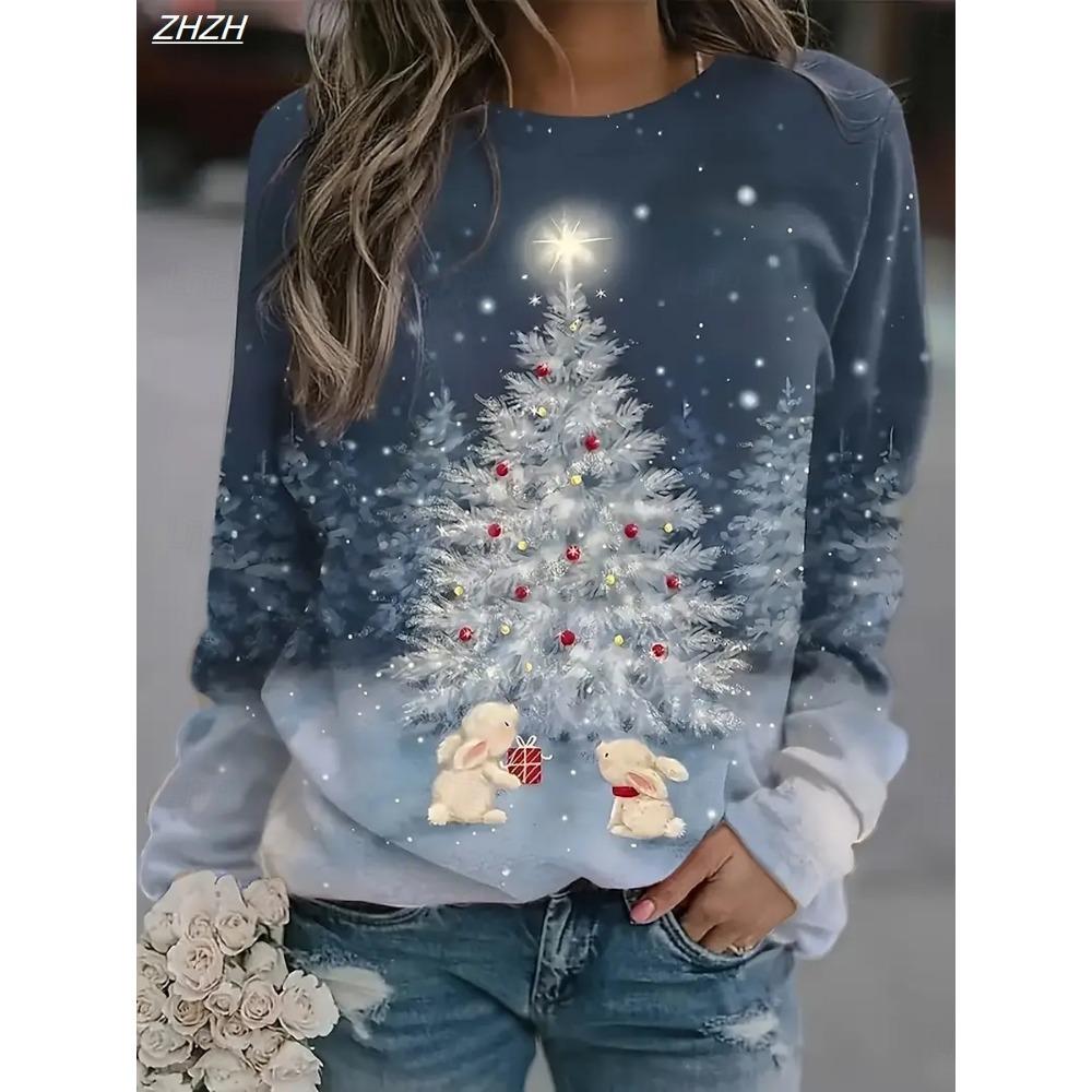 Women's Christmas Animal Tree Print Sweatshirt, Long Sleeve Crewneck Pullover, Casual Street Style, Spring Fall Holiday Fashion