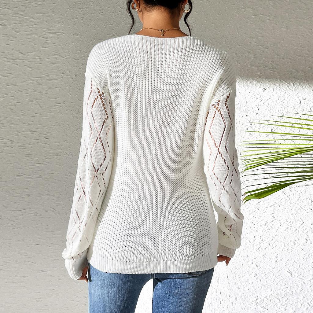 Women's Fashion Casual Color Lace V-neck Patchwork Long Sleeved Pullover Casual Bottom Sweater Top