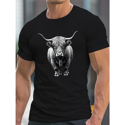 Europäische Größen Herren Highland-Kuh Porträt Print T-Shirt - Leichtes atmungsaktives Sommer-T-Shirt mit schottischer Kuh-Grafik