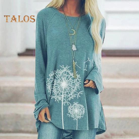 Tunique grande taille pour femme, imprimé pissenlit, chemise longue, col ras du cou, manches longues, pull-over, chemisier décontracté, coupe ample, pour le travail et la vie quotidienne