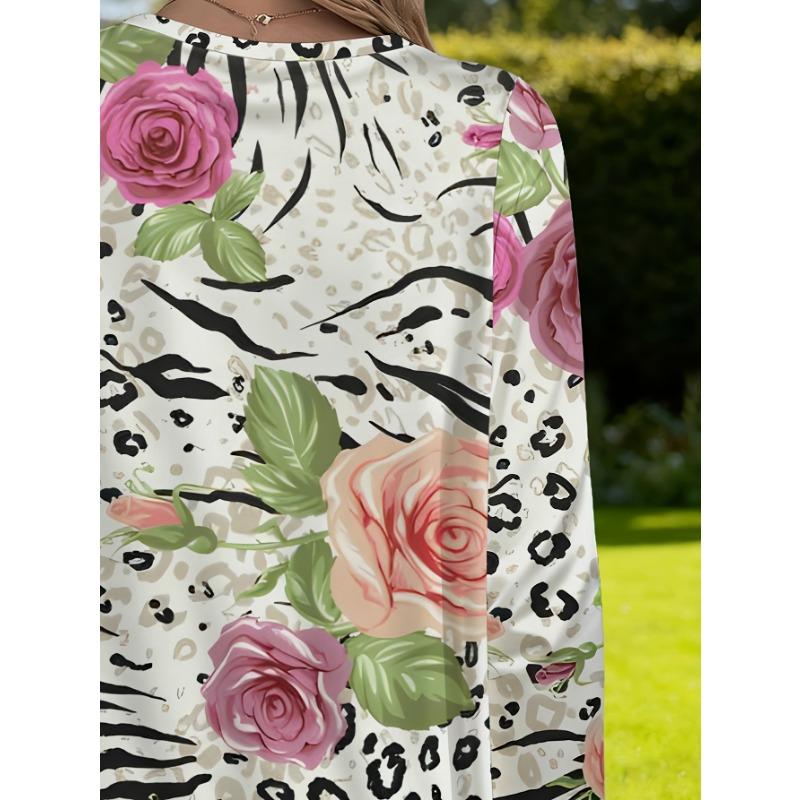 Women's Large Size Leopard Rose Long Sleeve Loose Top with Pocket Print