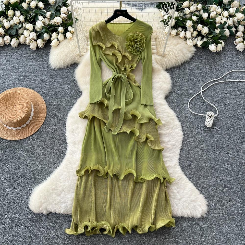 Autumn Winter Women Elegant 3D Flower Ruffles Miyake Fold Christmas Party Oversized Loose Lace-up Dresses