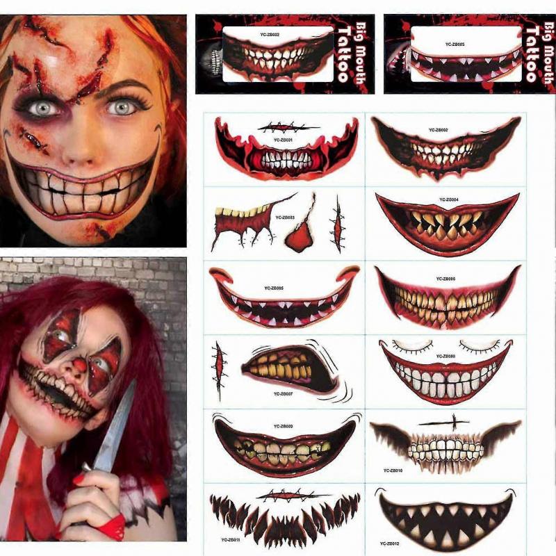 

12pcs Halloween Mouth Temporary Tatoo Stickers Scary Clown Waterproof Tattoos Sticker Face Makeup Party Cosplay