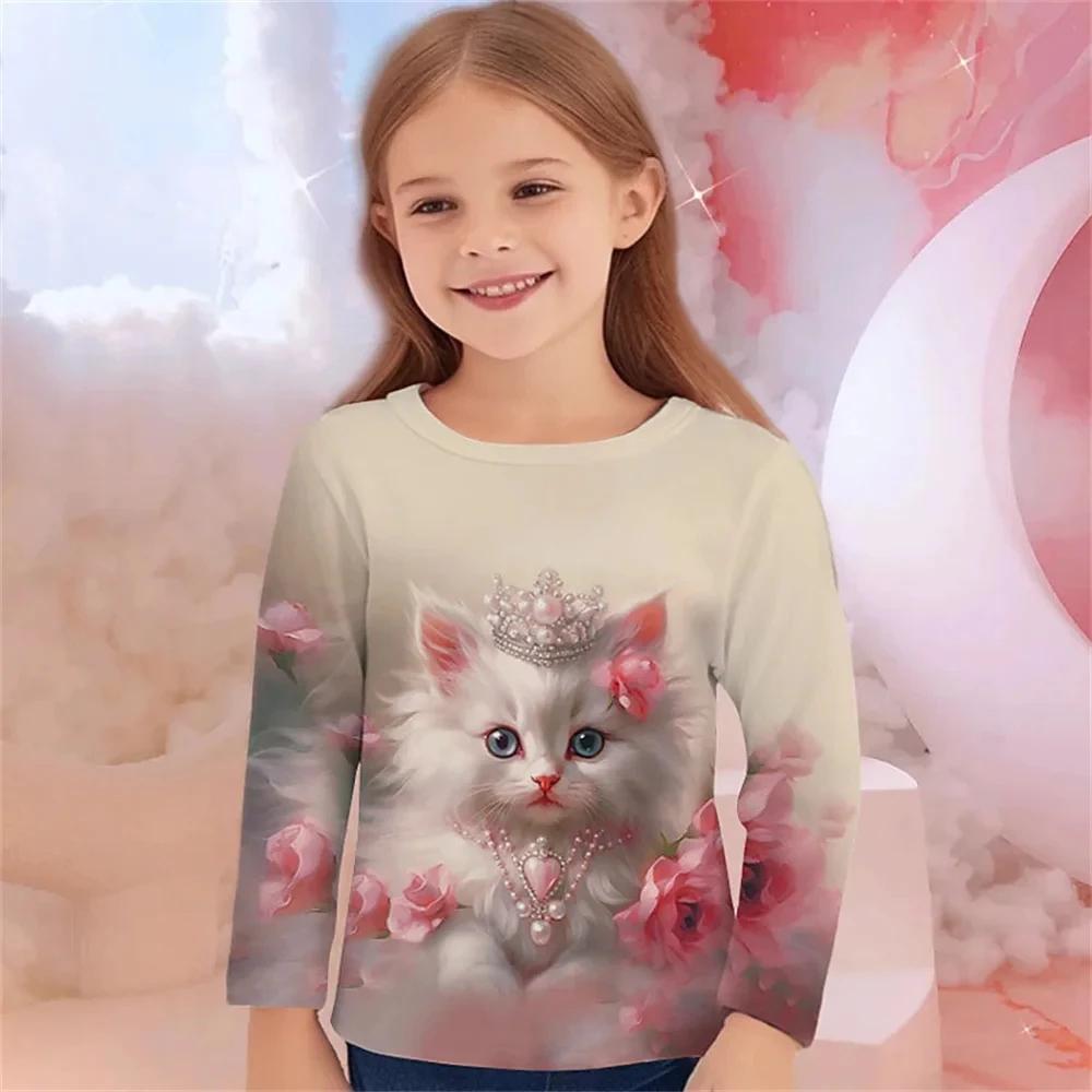 Children's Clothing Girl T-Shirts Long Sleeve Cute Cat 3D Print Casual Kids Spring Fall Clothes Girl Cartoon T-Shirts