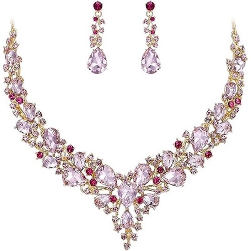 Newlywed Rhinestone Crystal Necklace And Earrings Set - Luxurious Jewelry Set For Ladies' Dance And Banquet Events