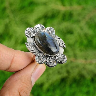 Anello Regolabile Impilabile a Fiore in Labradorite Naturale Argento 925 per Donna