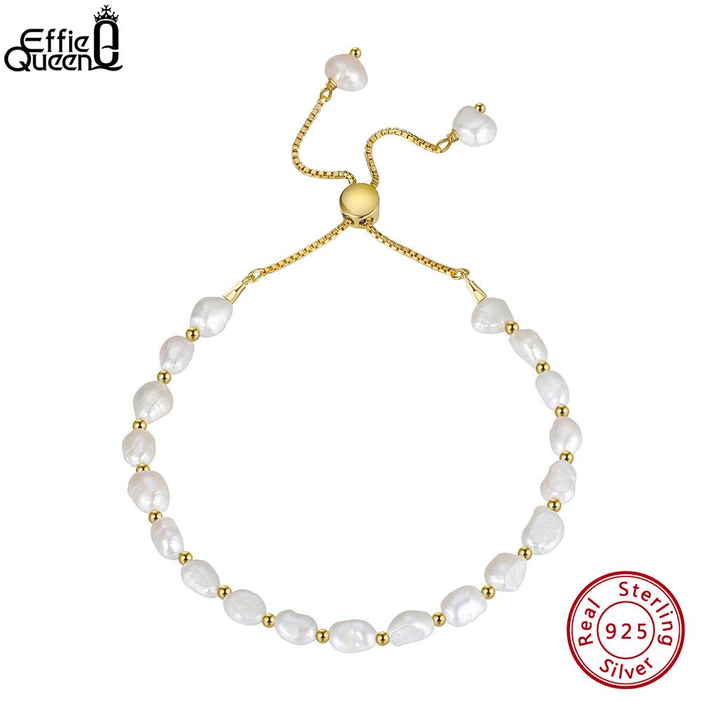 EFFIE QUEEN 925 Sterling Silver Natural Baroque Pearl Bracelet 14K Gold Adjustable Chain Link Bracelets for Women Jewelry GPB09