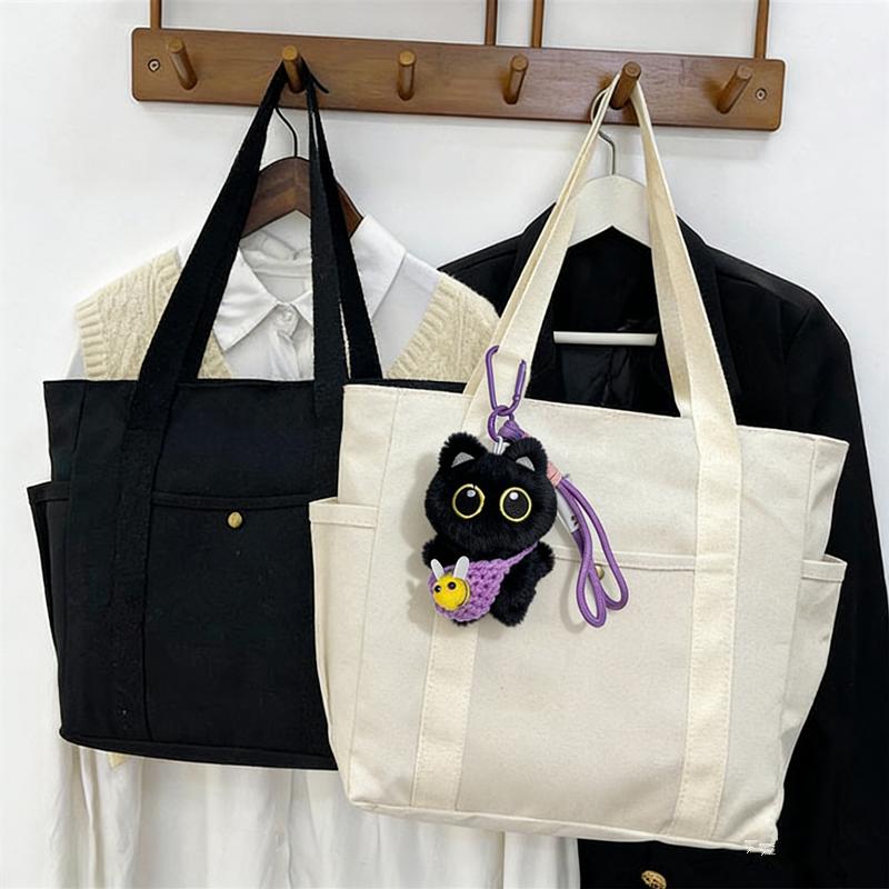 Cloth Handbag Shoulder Bag with Lining Large Capacity Tote Canvas Bag for Women Work, Outing, Artistic, Student Book Bag Pendant